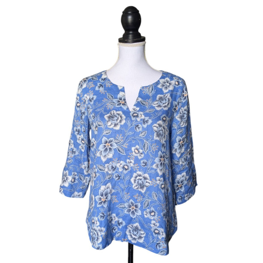 J Jill Love Linen 100% Linen Blue Floral V Neck 3/4 Sleeve Top Blouse Size XS